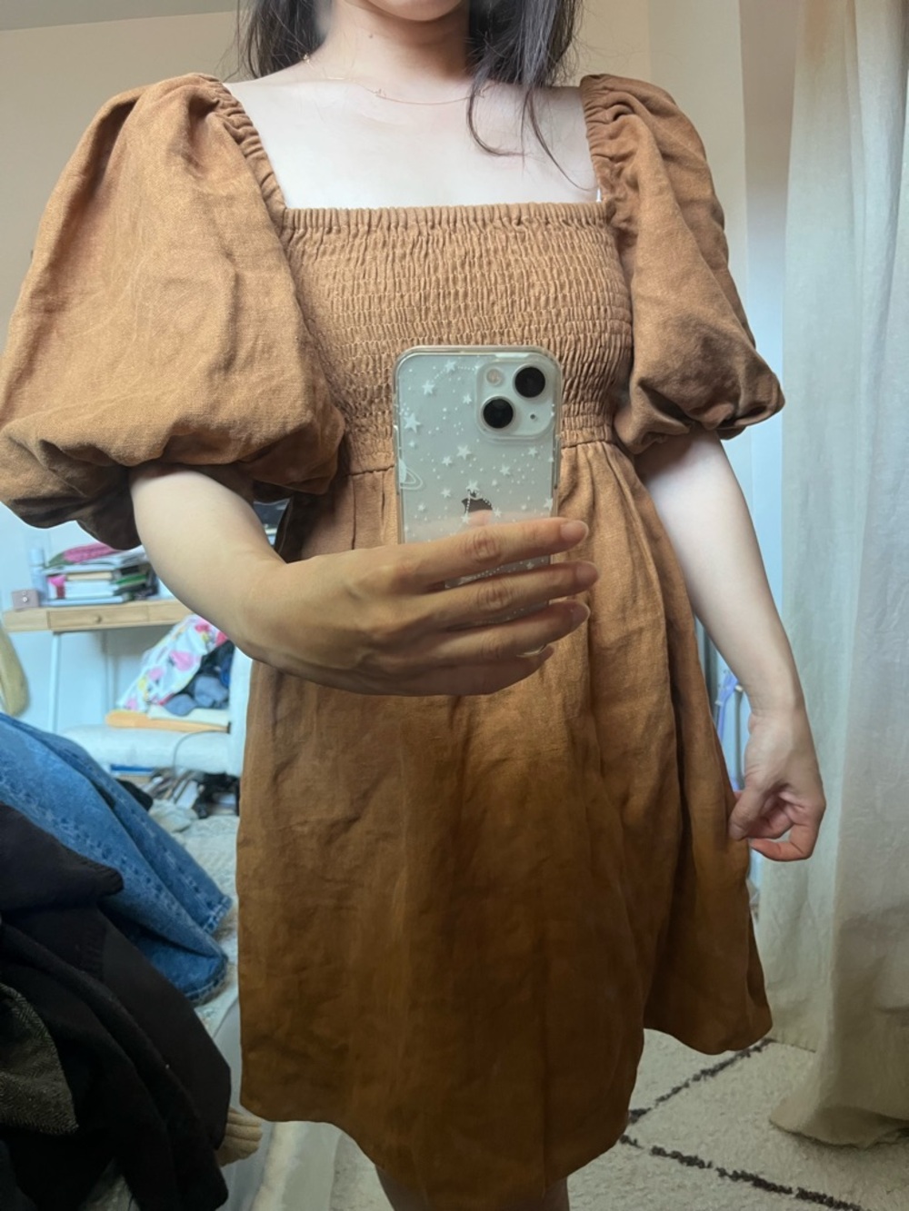 Sezane Smocked Square-Neck Mini Dress in Rust Brown - Picture 2 of 5